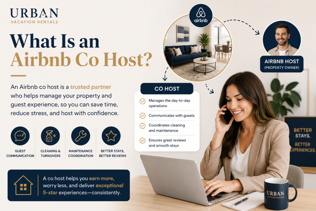 Airbnb co host Vancouver managing guest bookings in a modern short-term rental living room 